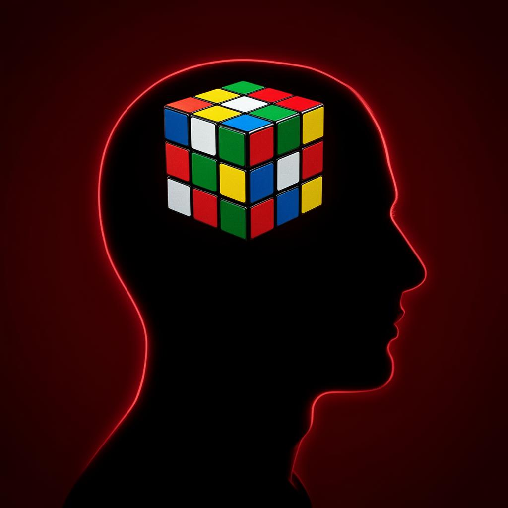 Silhouette of a head with a mostly-aligned Rubik's cube inside — identity after seven days